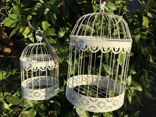 Birdcages set, small + large round, metal, white.